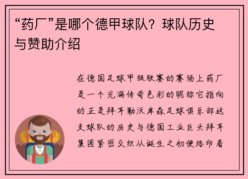 “药厂”是哪个德甲球队？球队历史与赞助介绍